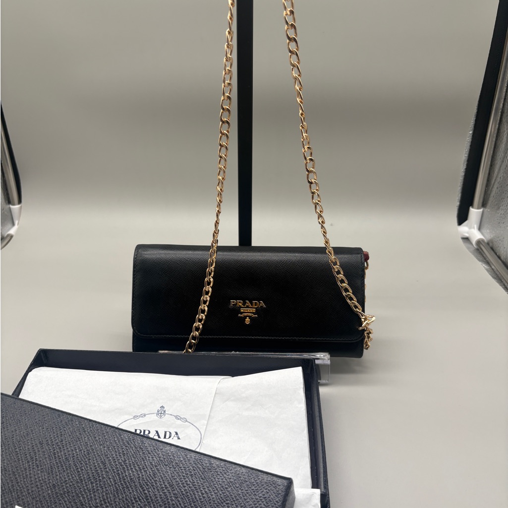 Prada Saffiano Leather Wallet On Chain Nero Peonia Black Pink Crossbody Clutch